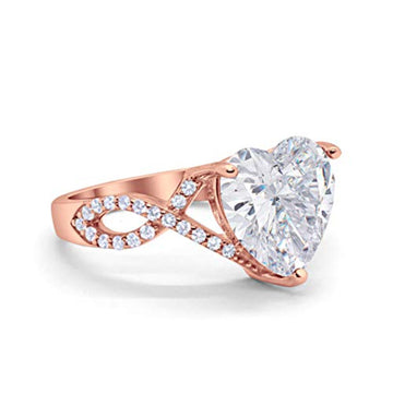 Art Deco Heart Promise Twisted Shank Rose Tone, Simulated CZ Wedding Ring 925 Sterling Silver